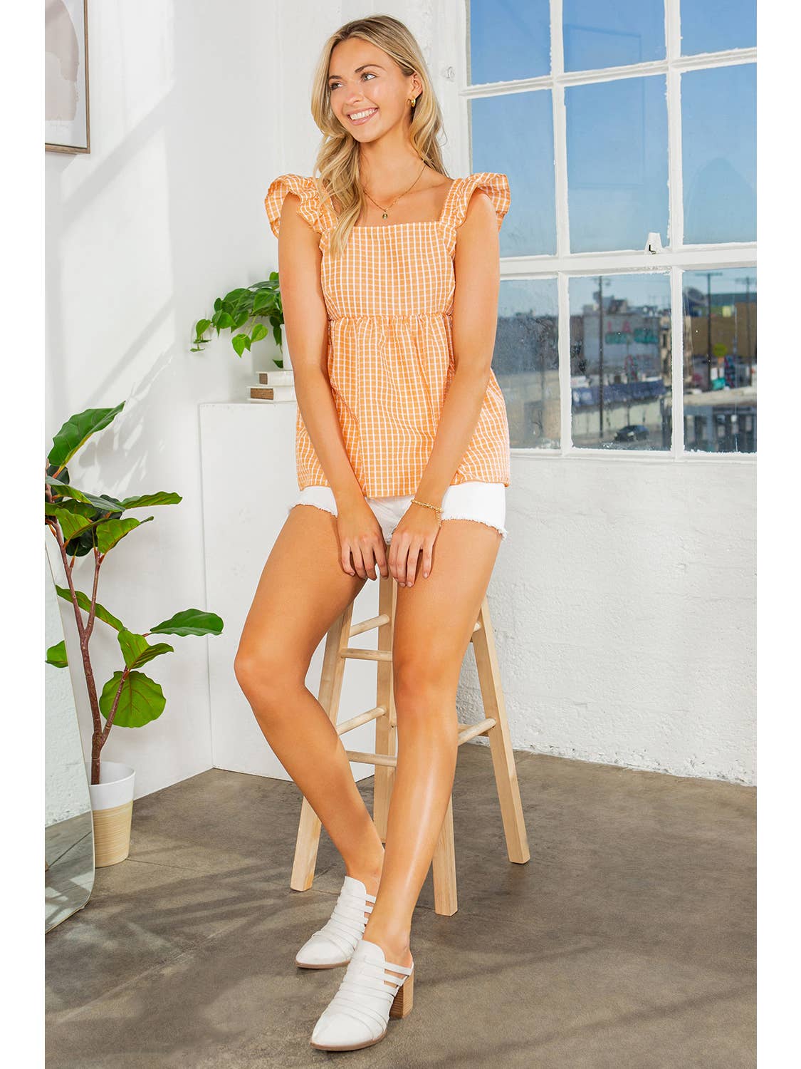 Ruffle Sleeve Gingham Top - Storm and Sky Shoppe - Orange Farm Clothing