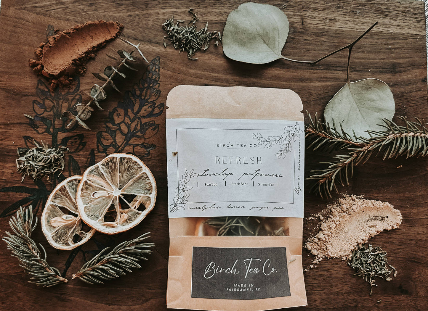 Birch Tea Co. Refresh Potpourri Stovetop Kit for home fragrances with dried herbs and natural scent ingredients in a glass jar.