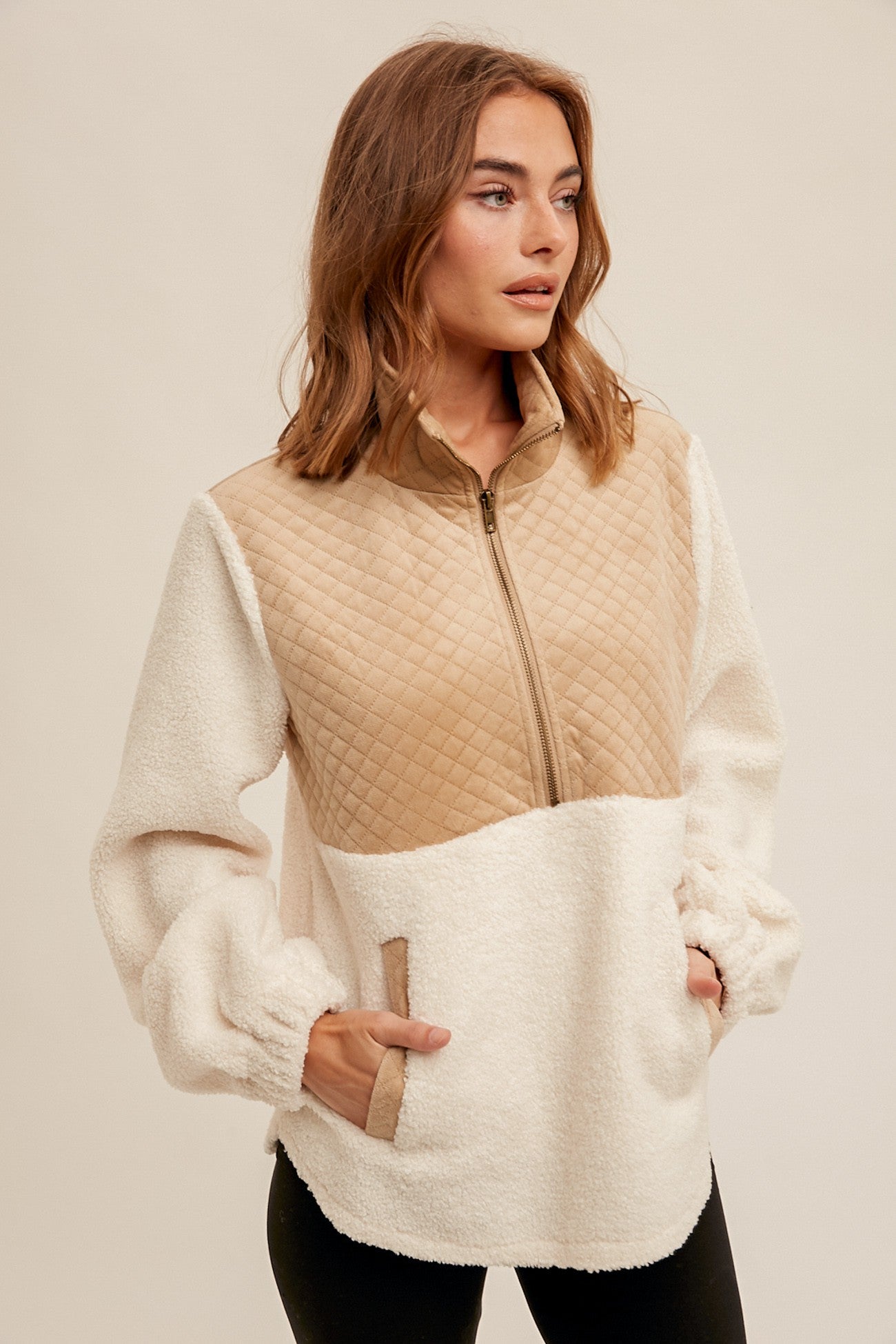 Quilted Velvet Detailed Zipup Sherpa Pullover - Storm and Sky Shoppe