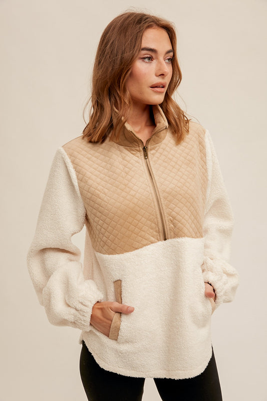 Quilted Velvet Detailed Zipup Sherpa Pullover - Storm and Sky Shoppe