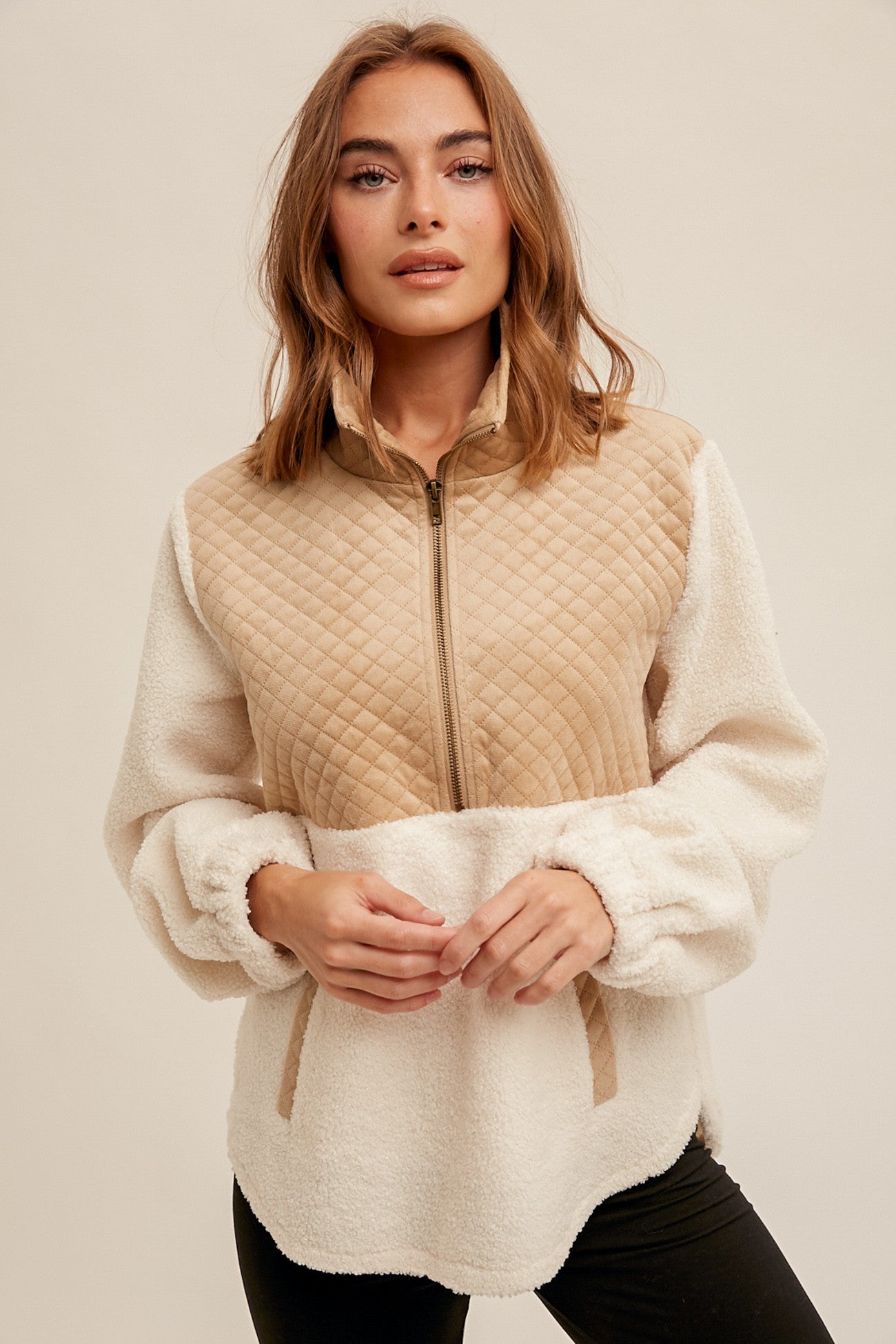 Quilted Velvet Detailed Zipup Sherpa Pullover - Storm and Sky Shoppe