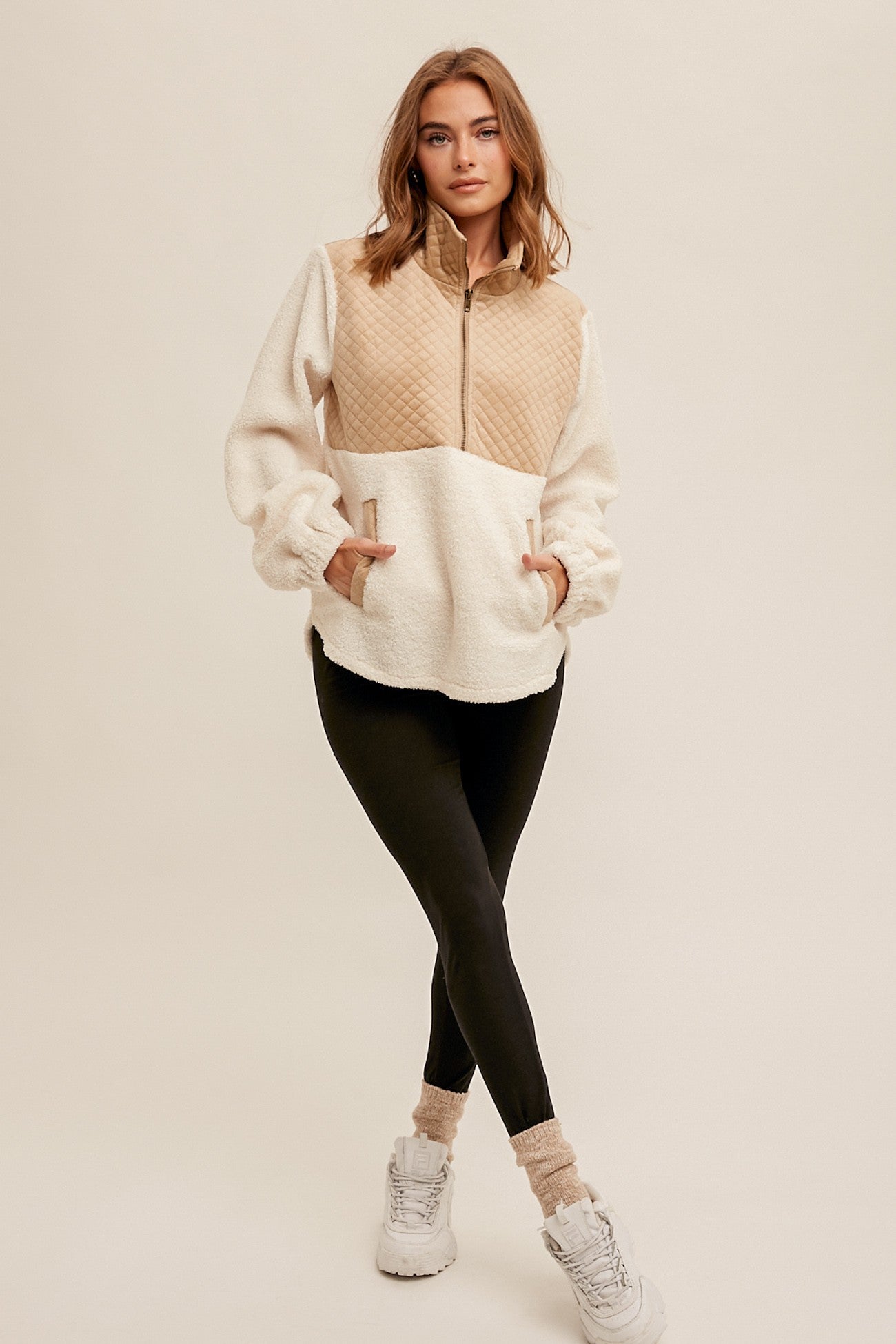 Quilted Velvet Detailed Zipup Sherpa Pullover - Storm and Sky Shoppe