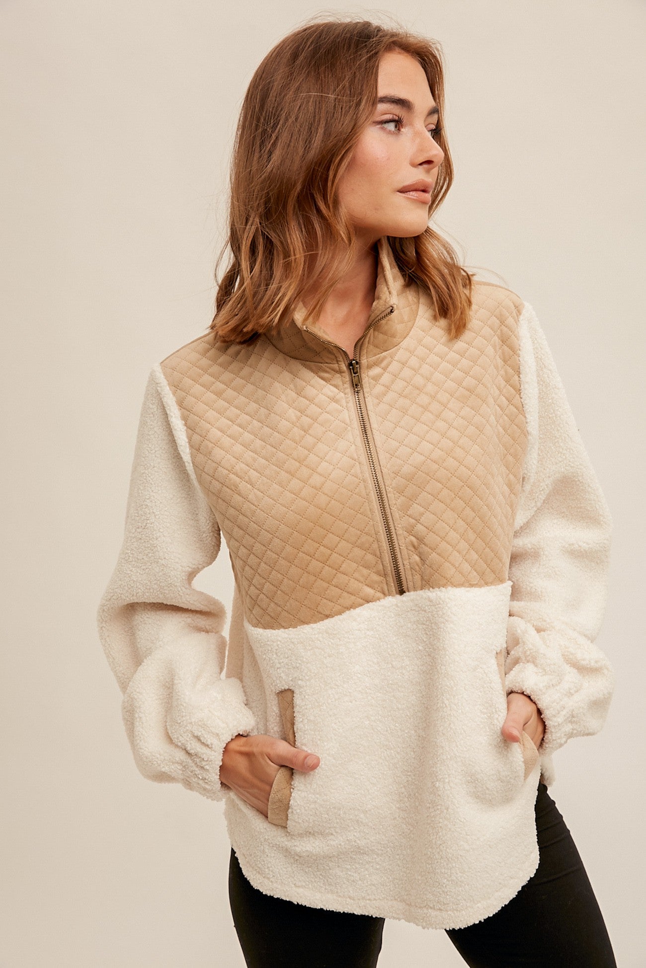 Quilted Velvet Detailed Zipup Sherpa Pullover - Storm and Sky Shoppe