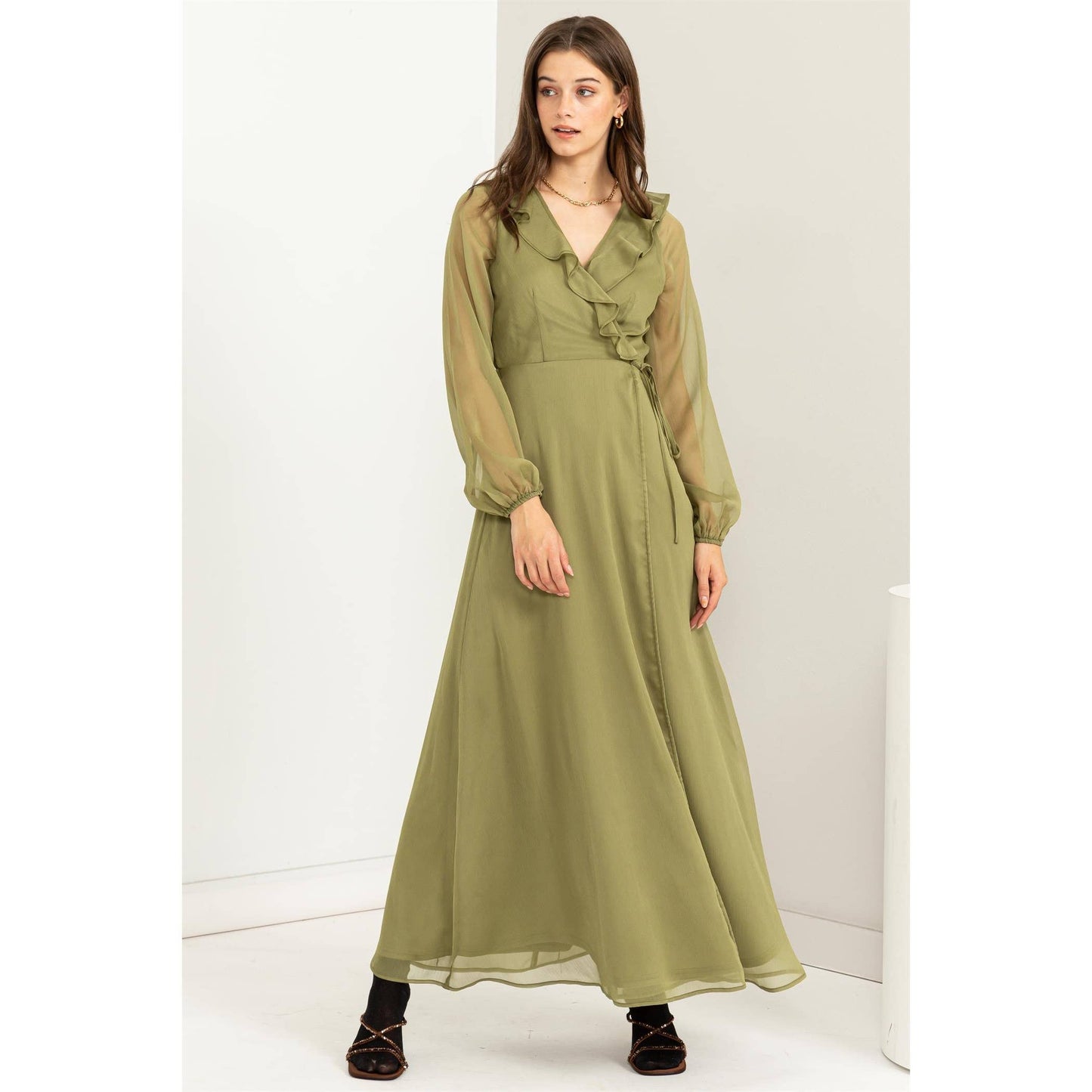 HF23F516-LONG SLEEVE WRAP MAXI DRESS: LEAF GREEN / S - Storm and Sky Shoppe