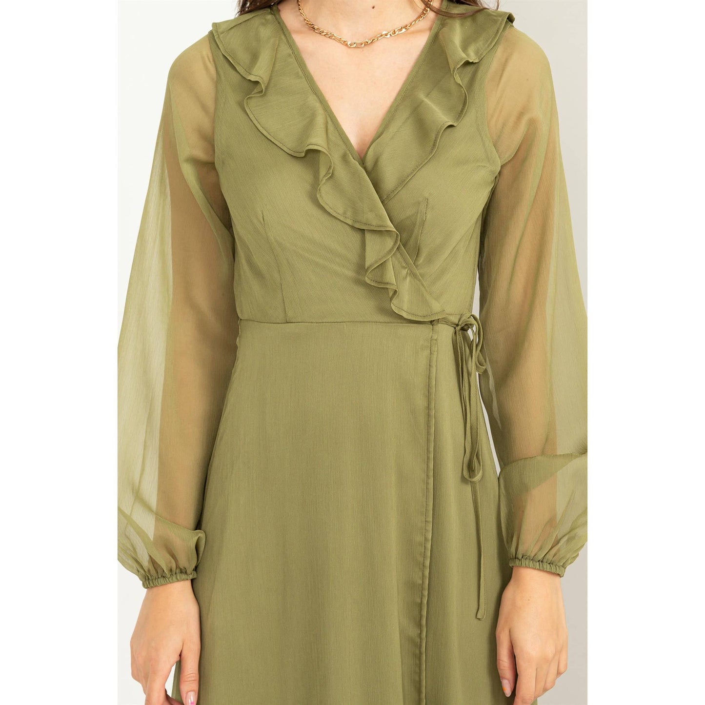 HF23F516-LONG SLEEVE WRAP MAXI DRESS: LEAF GREEN / S - Storm and Sky Shoppe