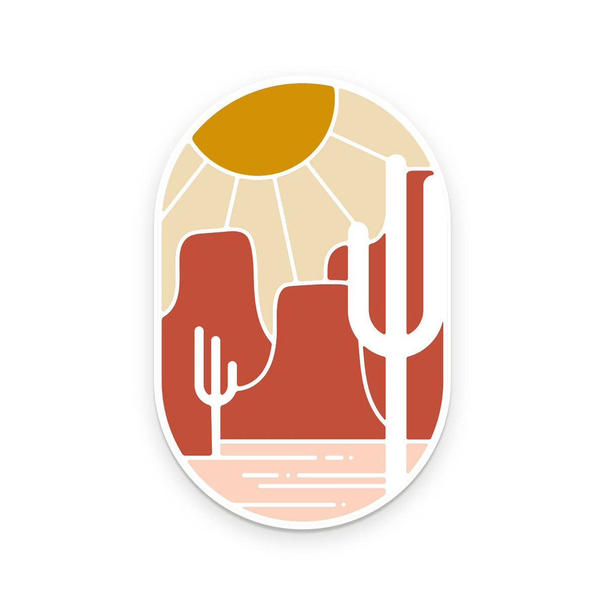 Desert Sunset Sticker by Ruff House Print Shop featuring a vibrant sunset scene with warm desert colors and cacti.