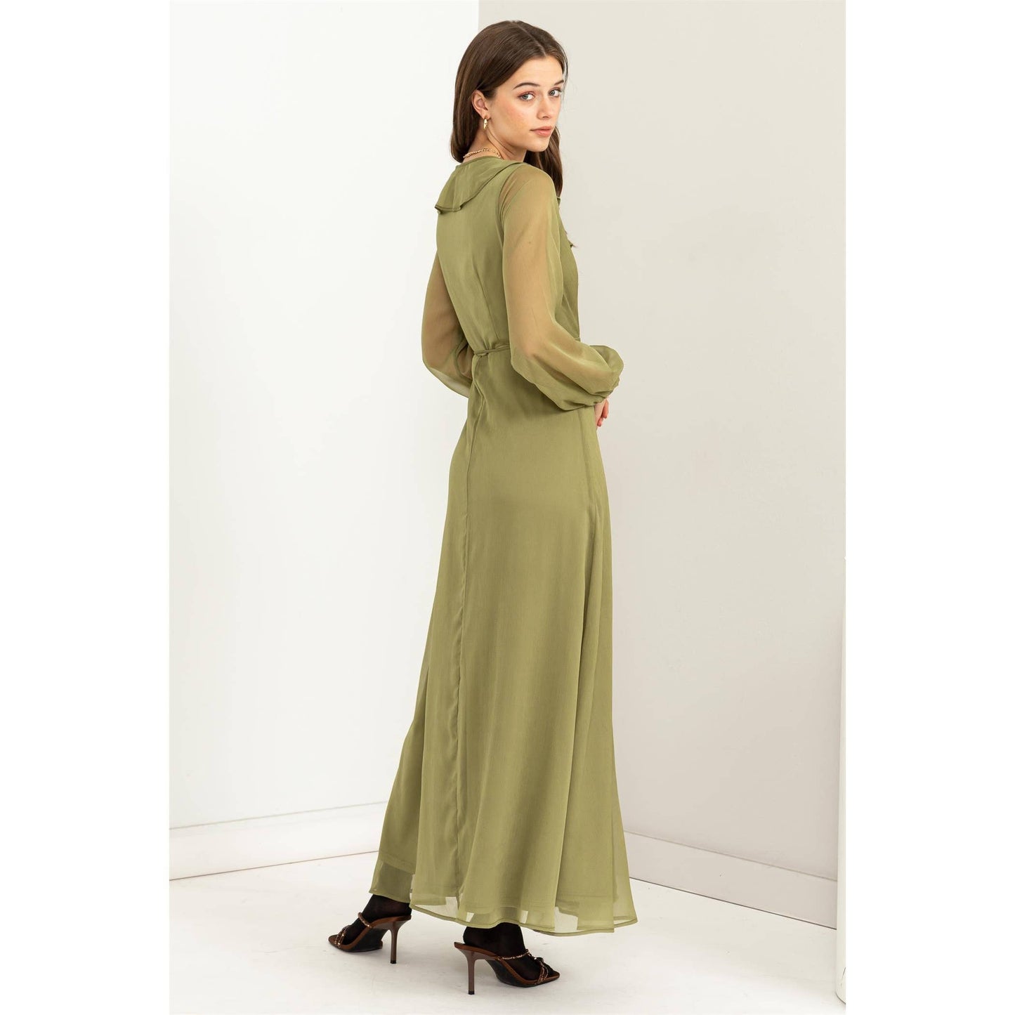 HF23F516-LONG SLEEVE WRAP MAXI DRESS: LEAF GREEN / S - Storm and Sky Shoppe