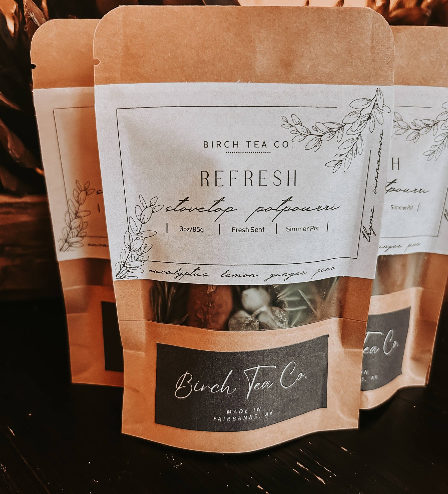 Birch Tea Co. Refresh Potpourri Stovetop Kit for home fragrances with dried herbs and botanicals in a bowl.