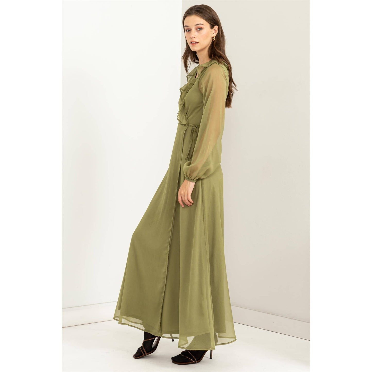 HF23F516-LONG SLEEVE WRAP MAXI DRESS: LEAF GREEN / S - Storm and Sky Shoppe
