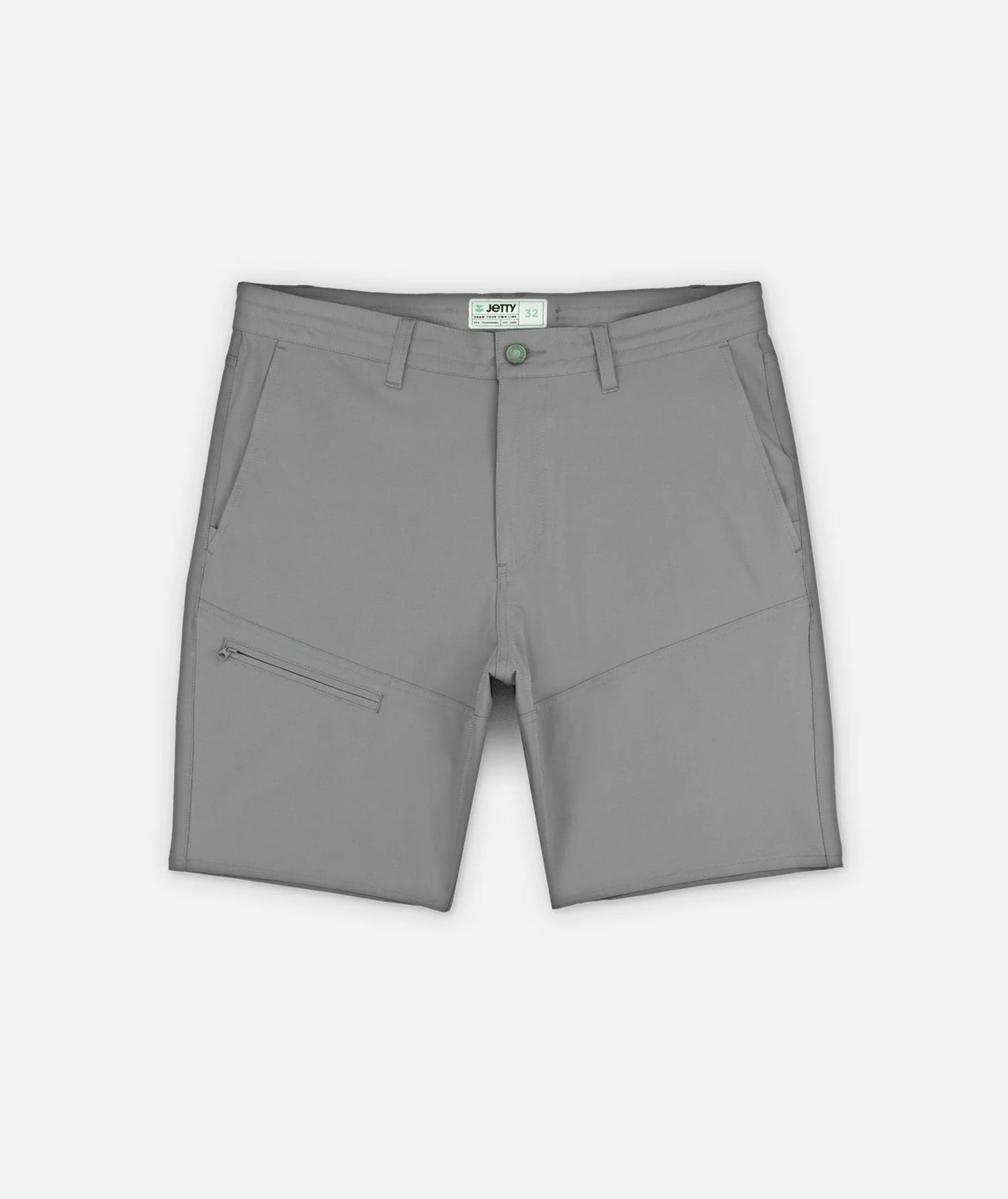 Grey Mordecai utility shorts by Jetty with multiple pockets and a relaxed fit, suitable for casual or outdoor wear.