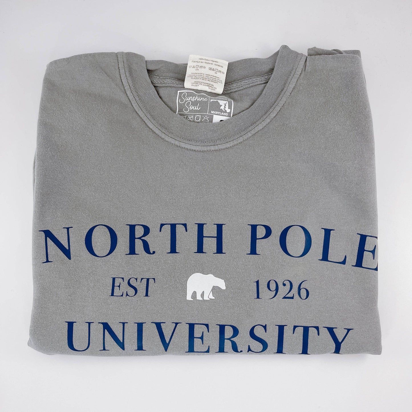 SunshineSoulMD North Pole University long sleeve graphic tee featuring festive holiday-themed design on soft fabric.