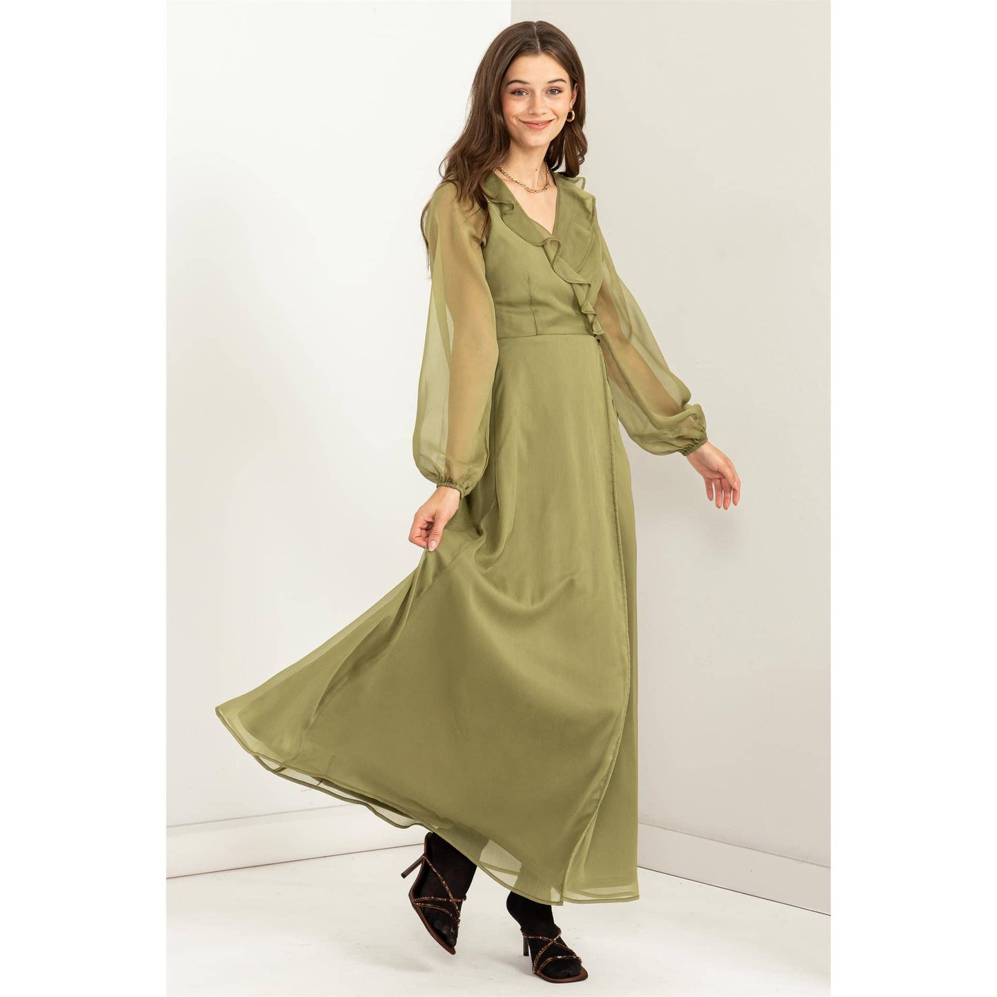 HF23F516-LONG SLEEVE WRAP MAXI DRESS: LEAF GREEN / S - Storm and Sky Shoppe
