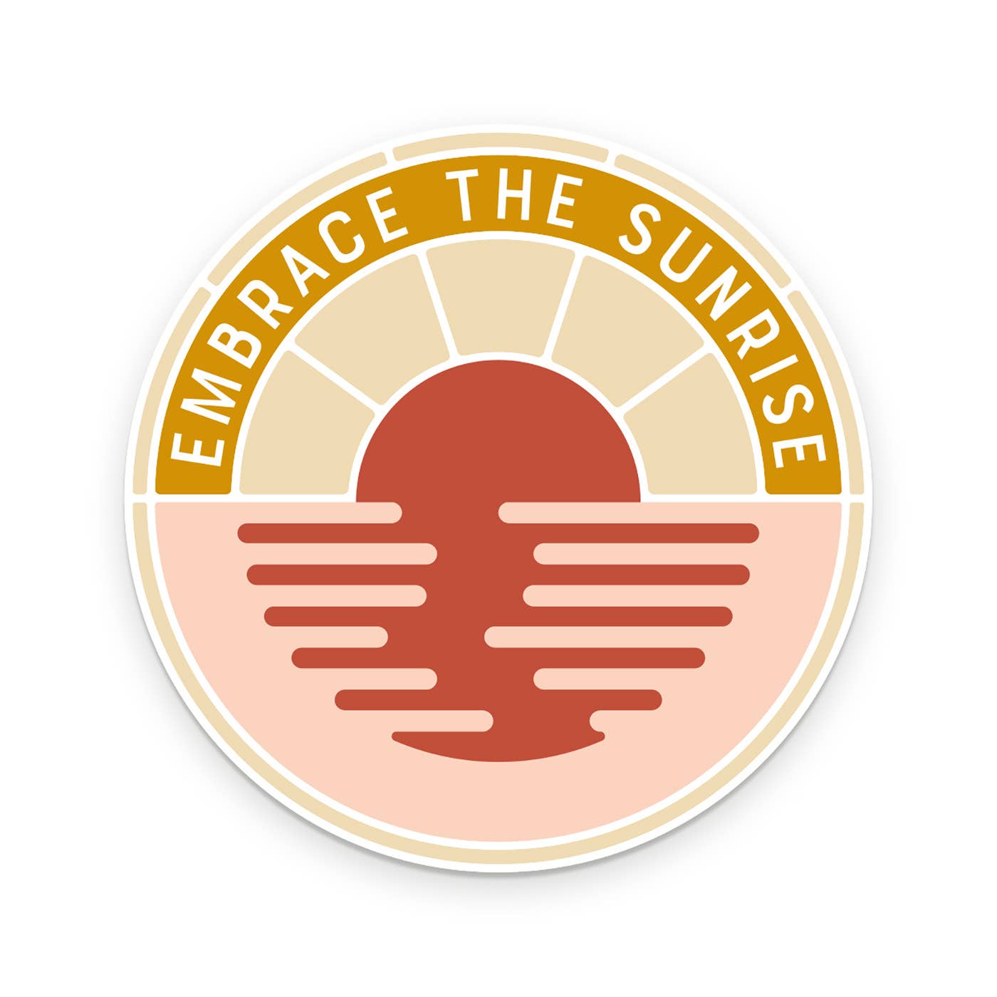 Colorful sunrise sticker from Ruff House Print Shop featuring vibrant design and inspiring scene for decorative use.