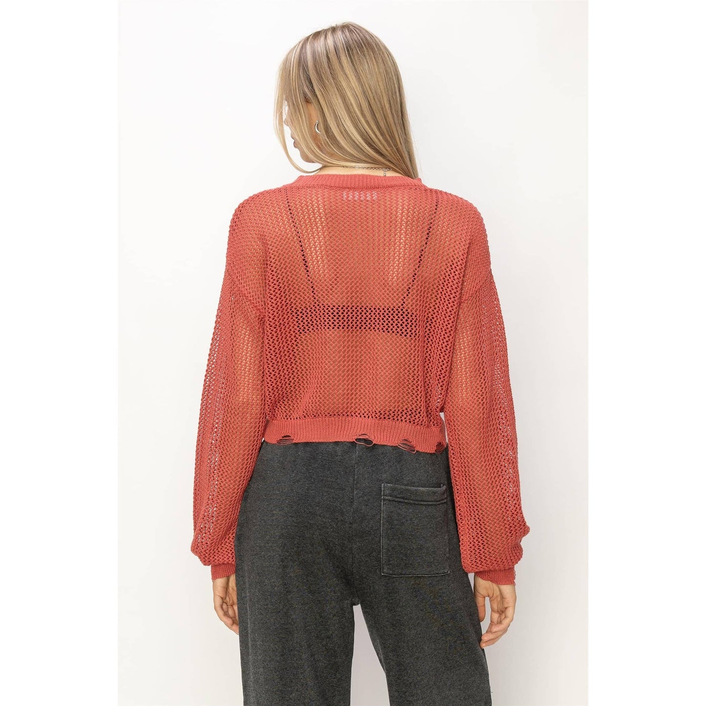 DZ24C038-DISTRESSED KNIT SWEATER: BRICK / S - Storm and Sky Shoppe