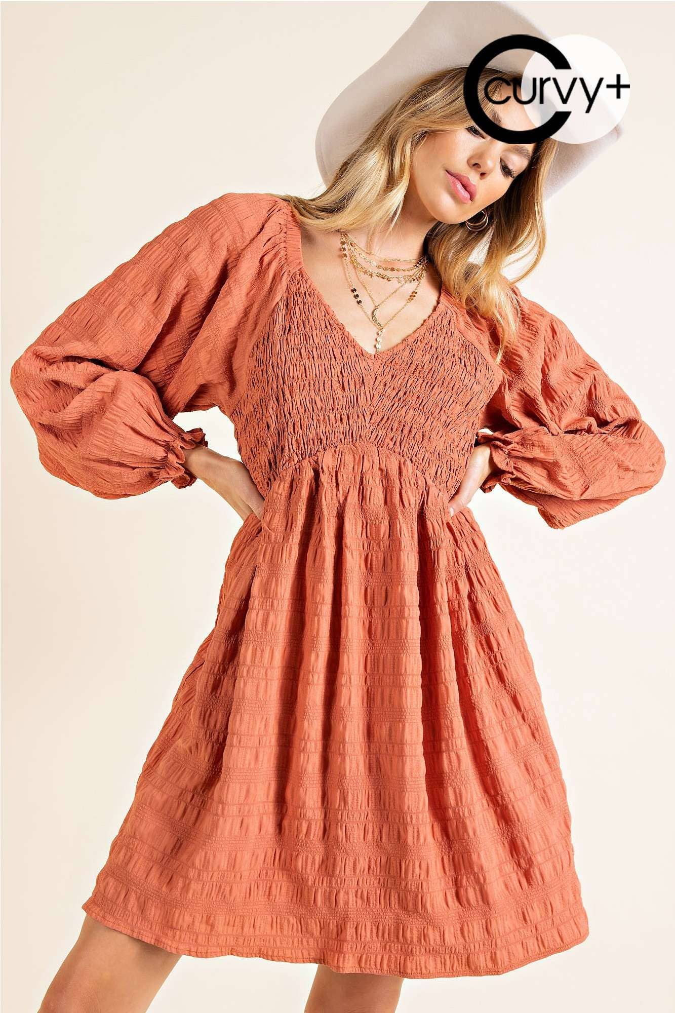 CIDM9328 PLUS SIZE TEXTURED SMOCKING V NECK DRESS - Storm and Sky Shoppe