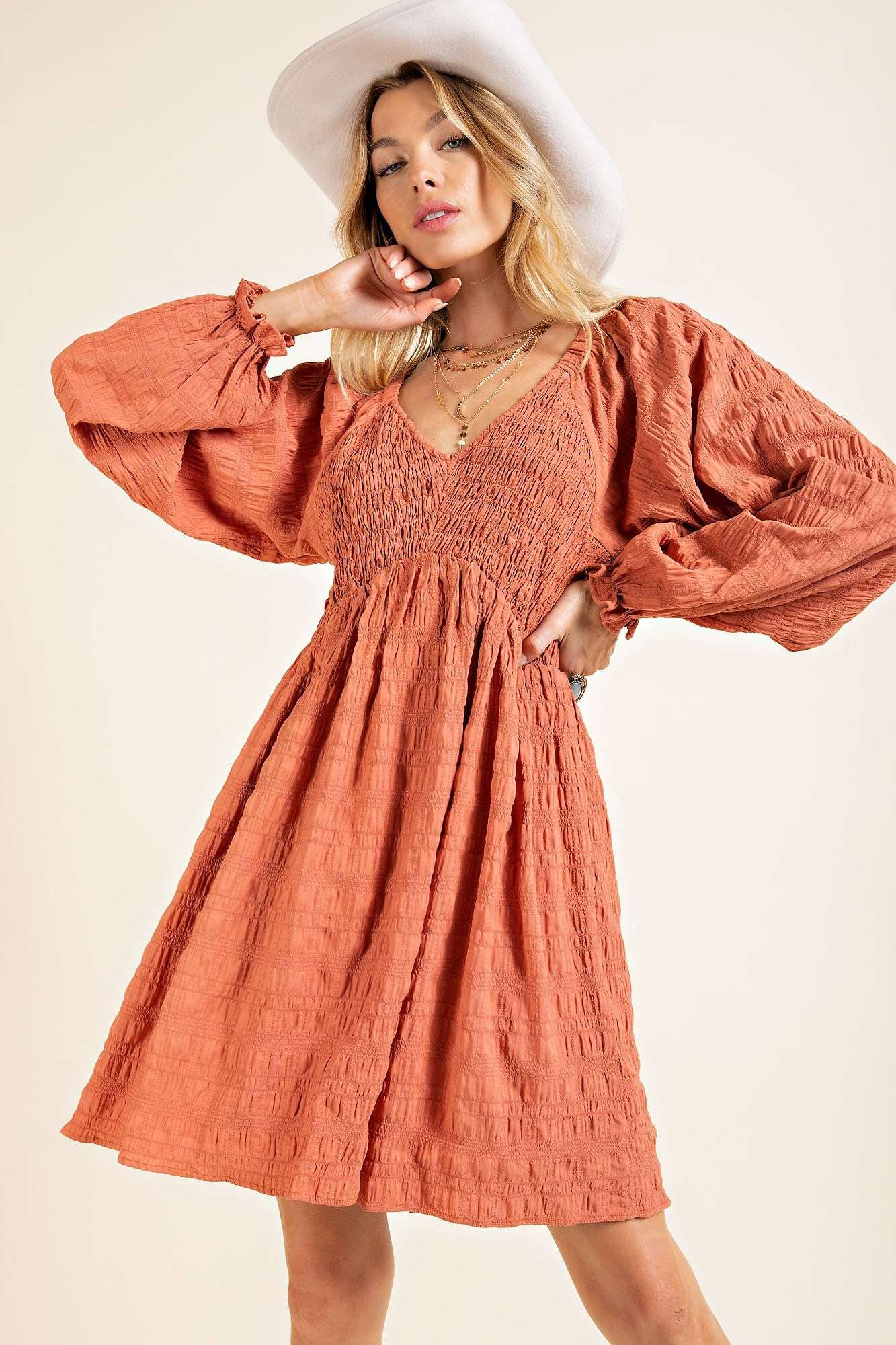 Textured Smocking V-Neck Dress - Storm and Sky Shoppe