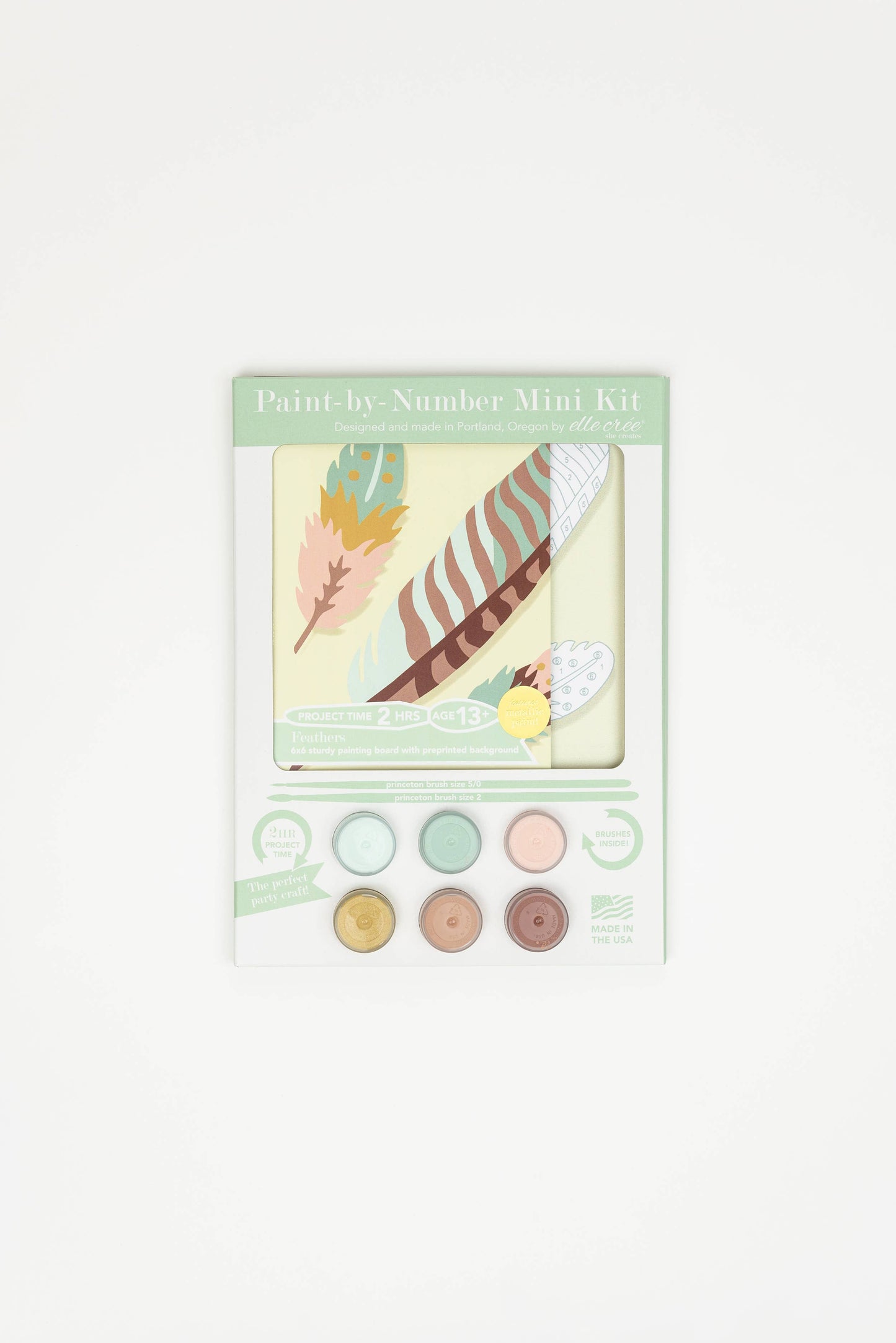 Feathers MINI Paint-by-Number Kit from Elle Crée, arts and crafts set with numbered sections and colorful feather designs.