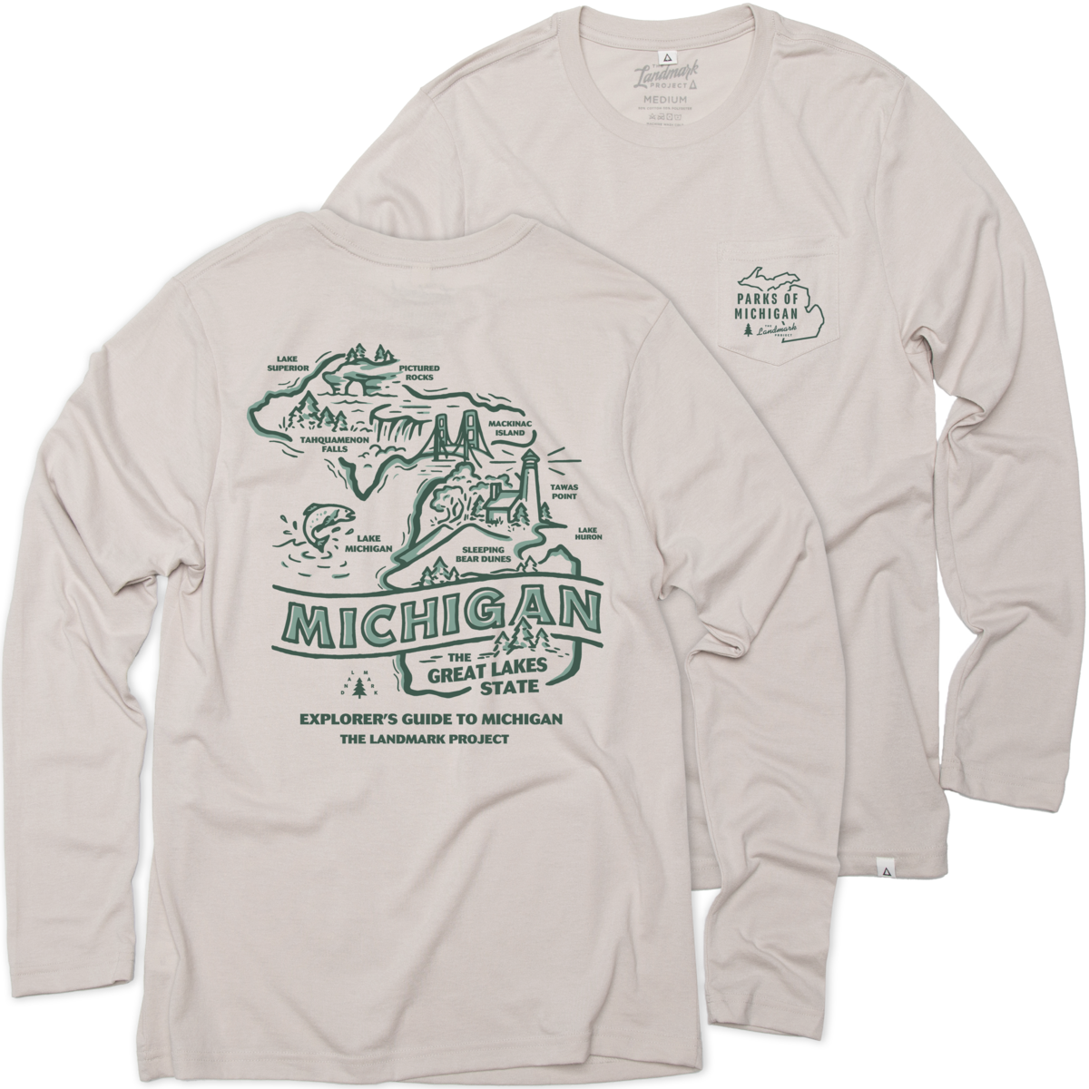 Explore Michigan Long Sleeve Pocket T-shirt - Storm and Sky Shoppe - The Landmark Project