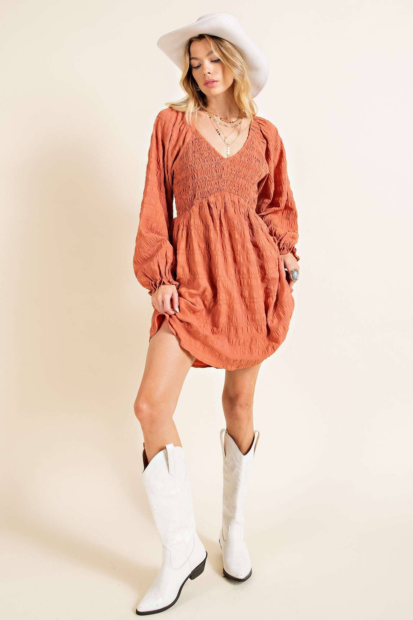 Textured Smocking V-Neck Dress - Storm and Sky Shoppe