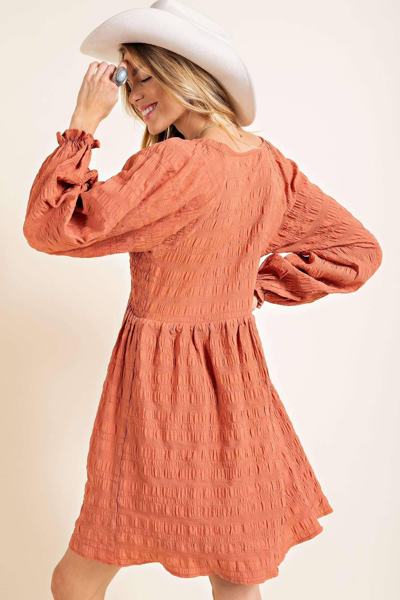 Textured Smocking V-Neck Dress - Storm and Sky Shoppe