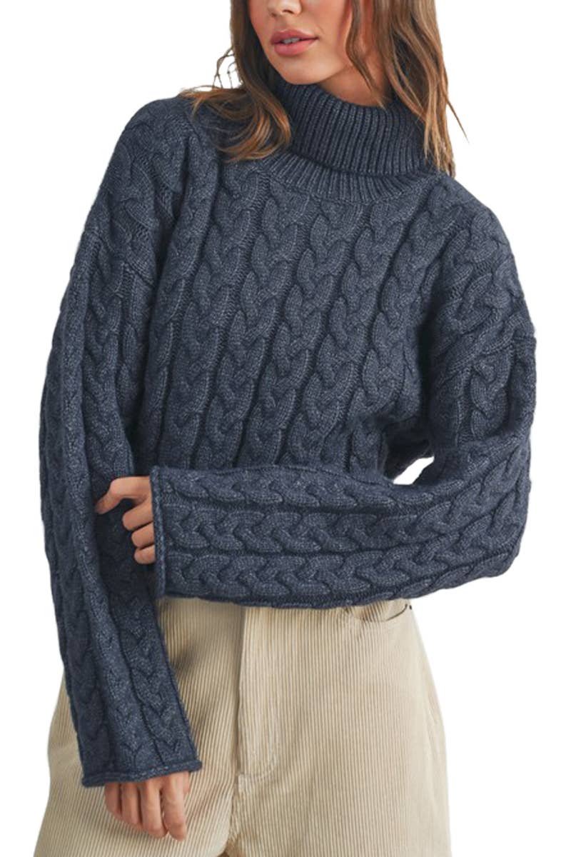 Thick Braid With Turtle Neck Long Sleeve Sweater: 3-2-1 (S-M-L) / NAVY - Storm and Sky Shoppe - Vanilla Monkey