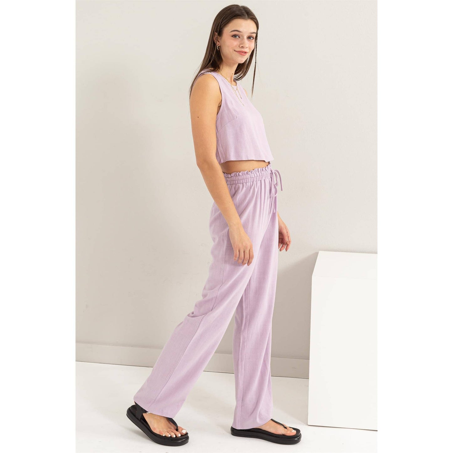 HF24E801-SET-D-LINEN BLENDED TOP AND PANTS SET: L / LAVENDER - Storm and Sky Shoppe