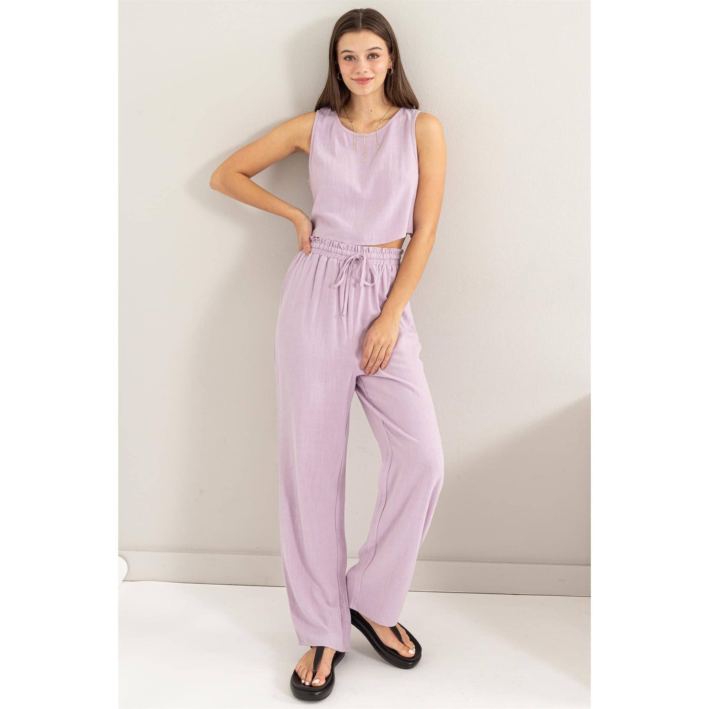 HF24E801-SET-D-LINEN BLENDED TOP AND PANTS SET: L / LAVENDER - Storm and Sky Shoppe