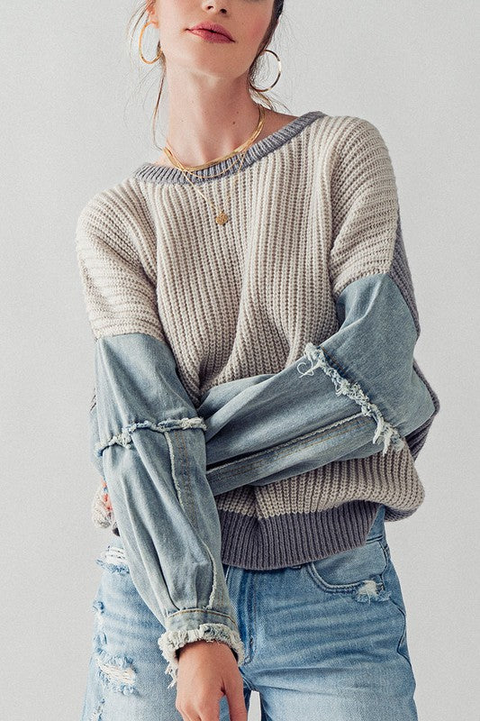Denim Sleeve Drop Shoulder Two Tone Knit Sweater - Storm and Sky Shoppe