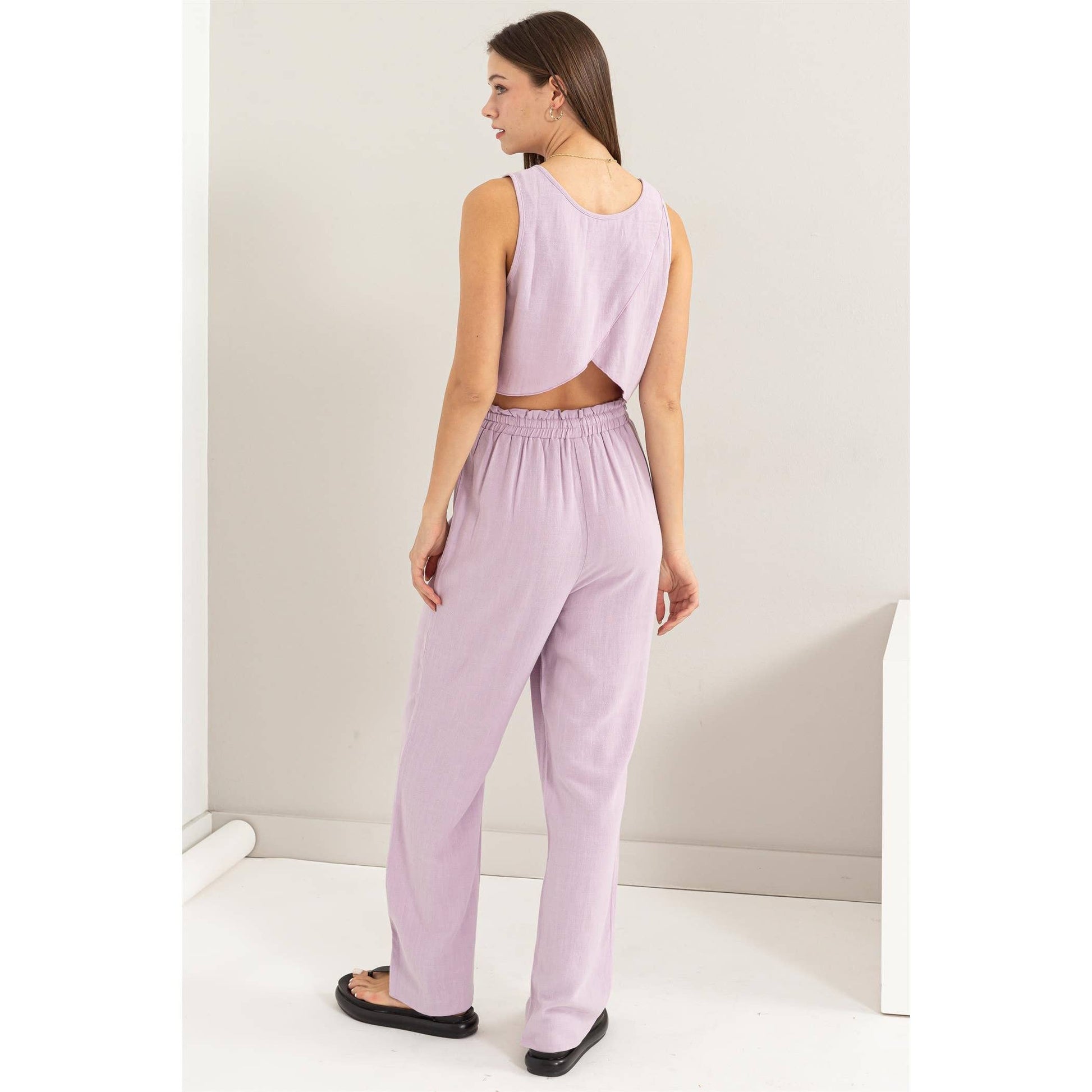 HF24E801-SET-D-LINEN BLENDED TOP AND PANTS SET: L / LAVENDER - Storm and Sky Shoppe