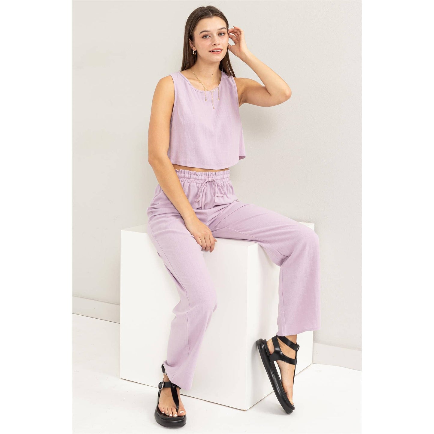 HF24E801-SET-D-LINEN BLENDED TOP AND PANTS SET: L / LAVENDER - Storm and Sky Shoppe