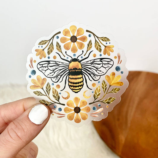 Flowers And Bee Clear Sticker - Storm and Sky Shoppe