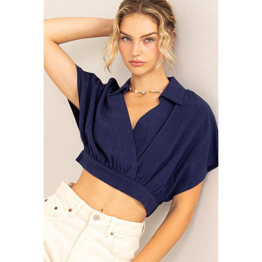 DZ23A547-COLLARED SURPLICE CROPPED BLOUSE: DARK NIGHT / S - Storm and Sky Shoppe