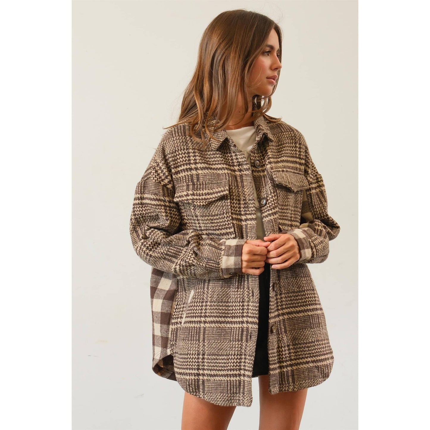 Mixed Pattern Plaid Shacket