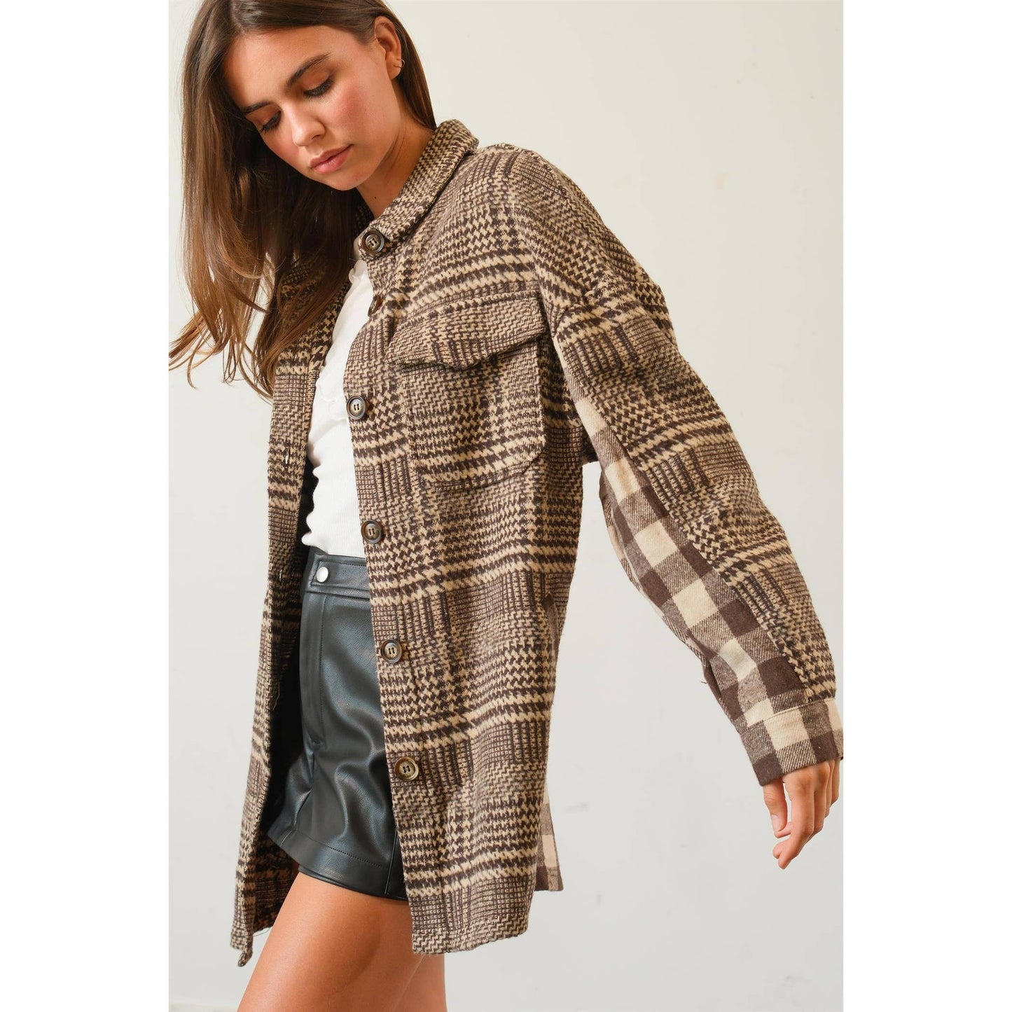 Mixed Pattern Plaid Shacket