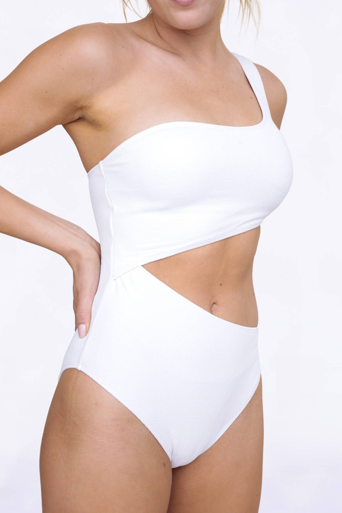 Mono B SWIM - Solid Asymmetrical One-Piece Swimsuit: S:M:L (2:2:2) / WHITE - Storm and Sky Shoppe