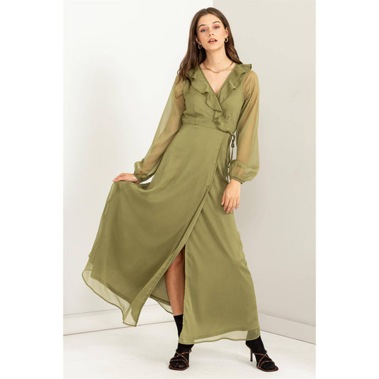 HF23F516-LONG SLEEVE WRAP MAXI DRESS: LEAF GREEN / S - Storm and Sky Shoppe