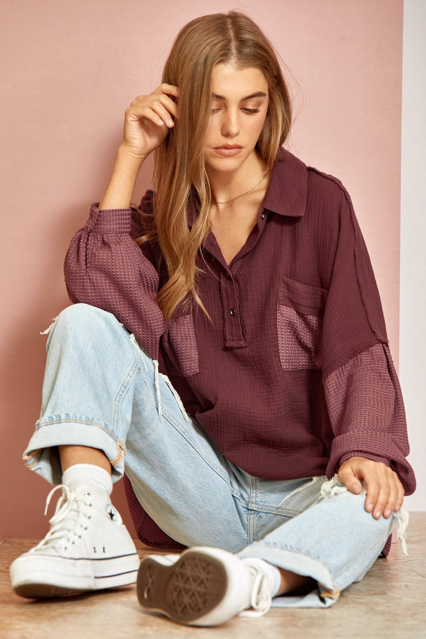 Gauze Knit Top With Collar: S / PLUM - Storm and Sky Shoppe - Andrée by Unit