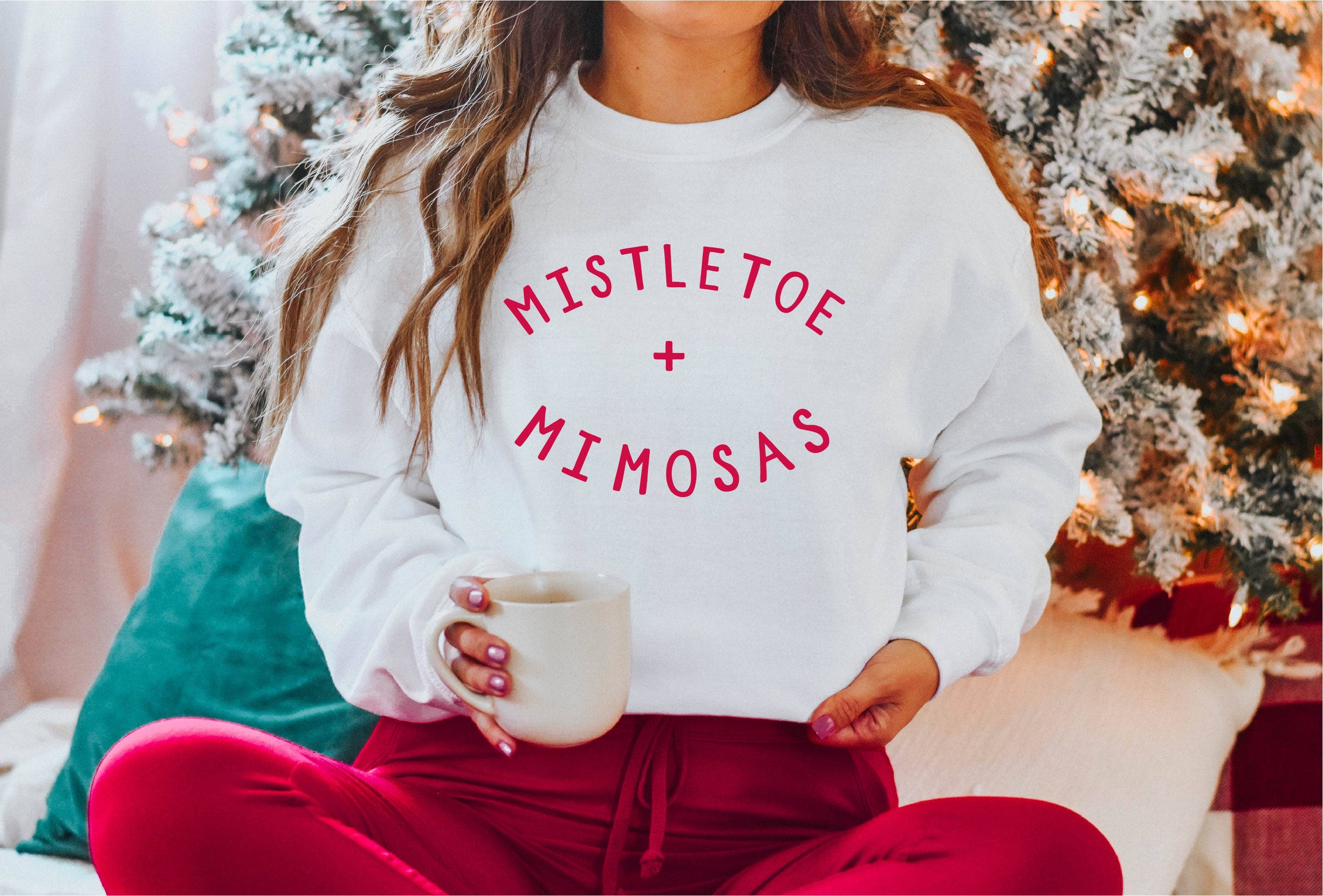 Mistletoe and Mimosas, Christmas Sweatshirt, Holiday Shirt: M / White/Red Text - Storm and Sky Shoppe