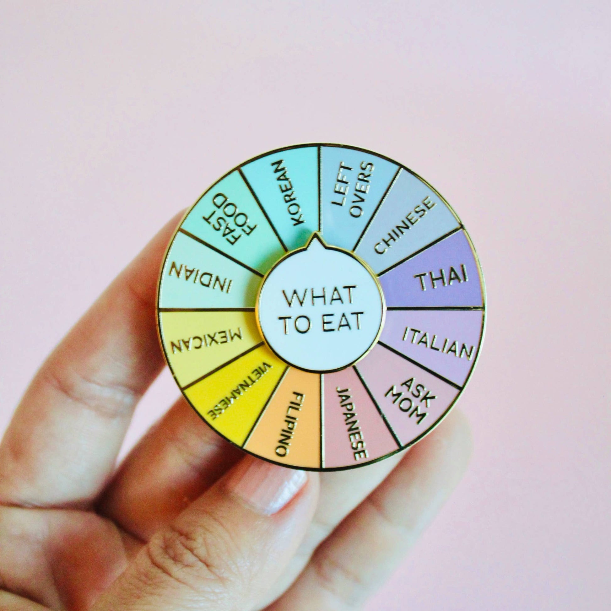 What To Eat Enamel Pin, Interactive Pin, Spinning Pin - Storm and Sky Shoppe