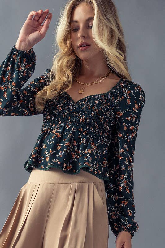 FLORAL PATTERN SWEETHEART NECK SMOCKED BLOUSE - Storm and Sky Shoppe - Urban Daizy