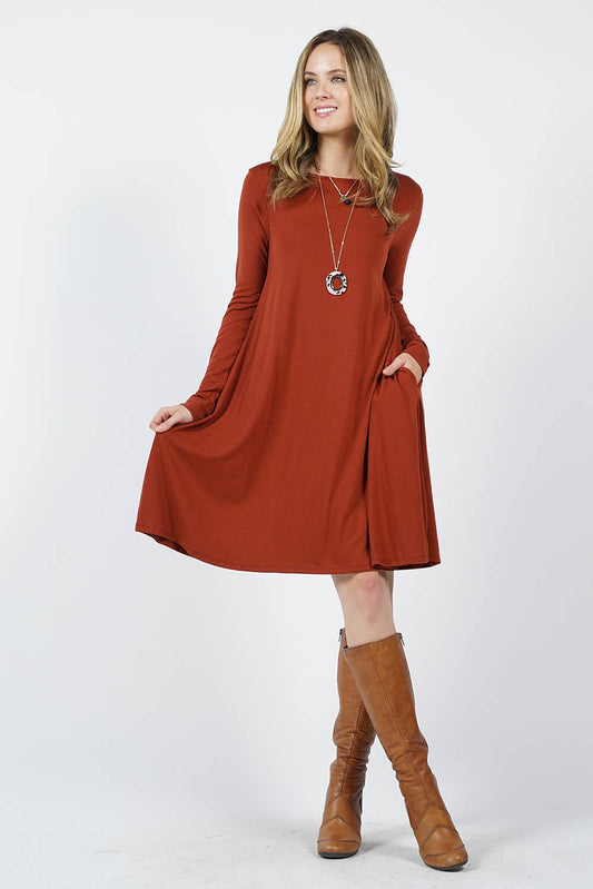 SI-15471 PREMIUM LONG SLEEVE FLARE DRESS WITH POCKETS - Storm and Sky Shoppe