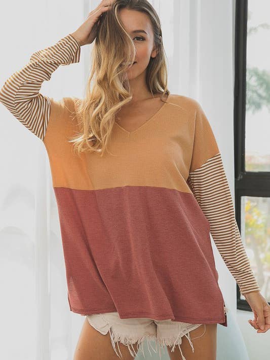 V Neck Top With Stripe Sleeves - Storm and Sky Shoppe
