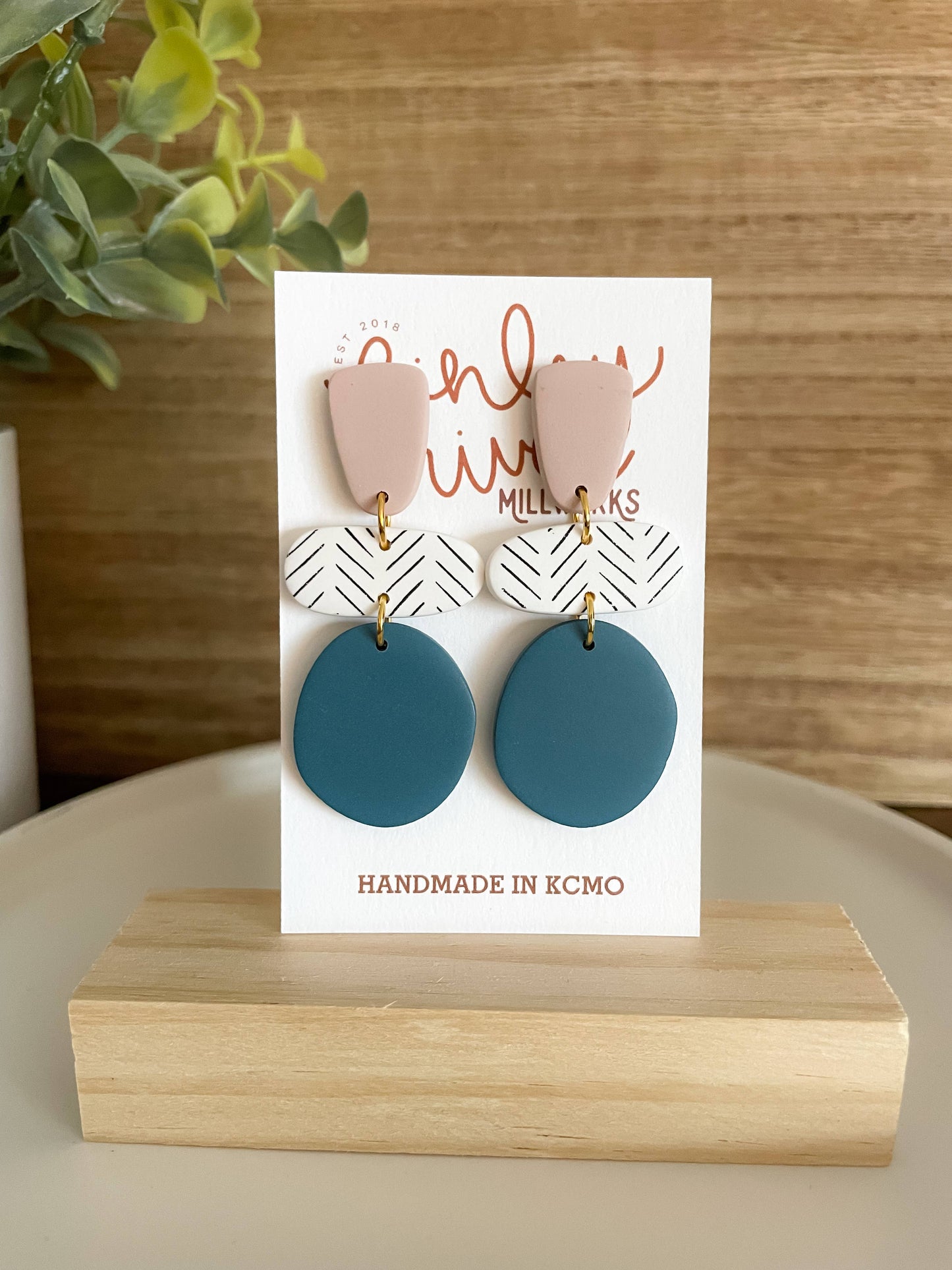 Indie | Blush + Teal Chevron | Clay Earrings: Gold Findings - Storm and Sky Shoppe