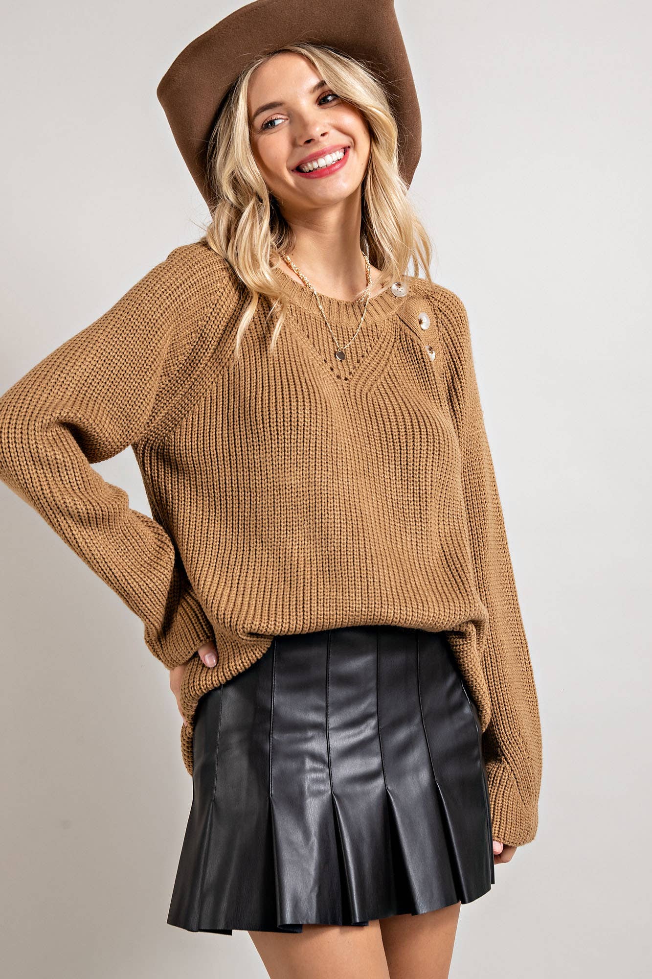 Button Detail Crewneck Sweater - Storm and Sky Shoppe
