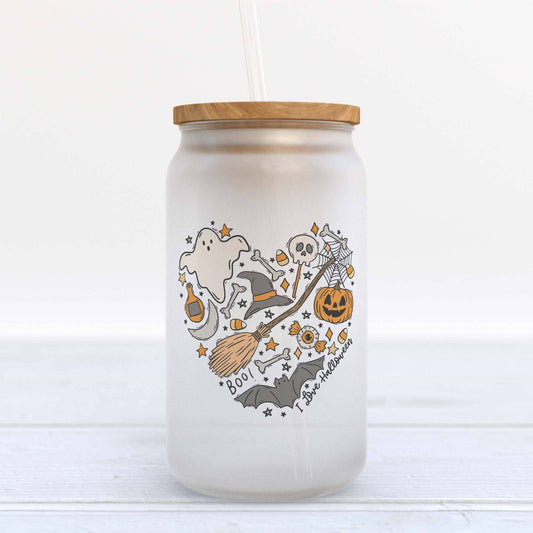 I Love Halloween Witch, Skull, Frosted Glass Can Tumbler Cup - Storm and Sky Shoppe - Heart & Willow Prints