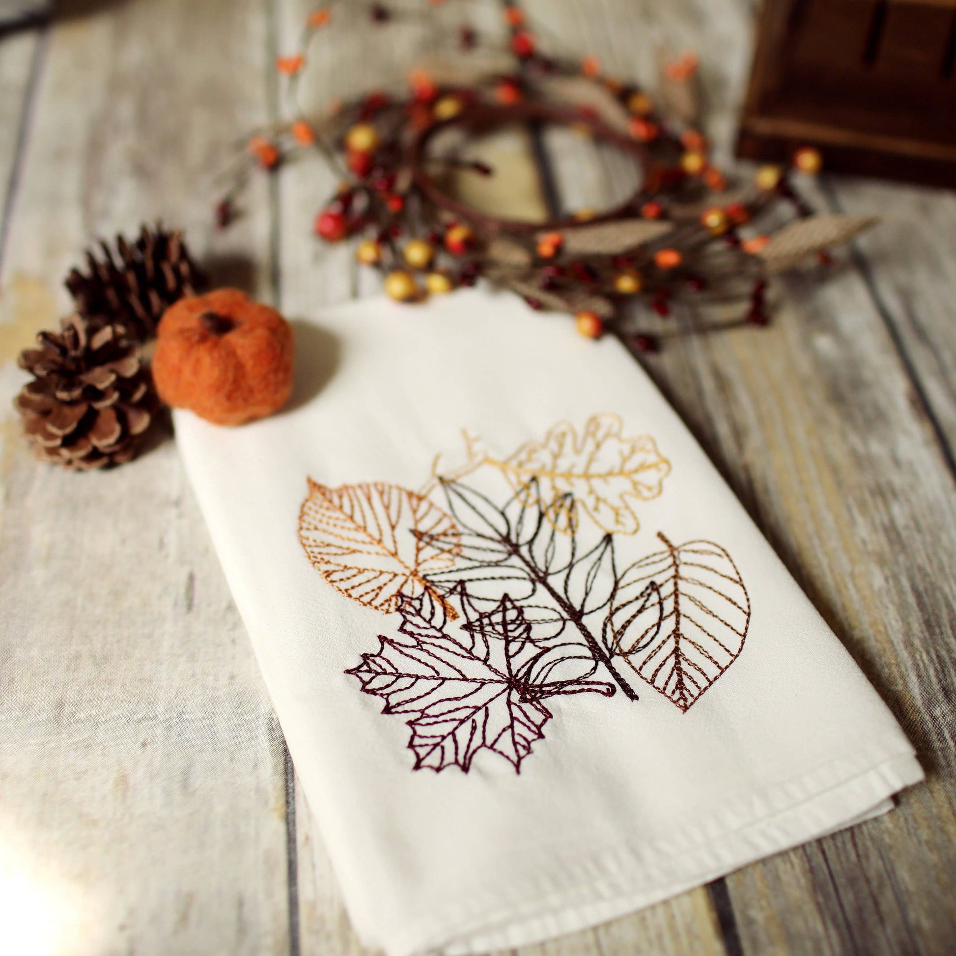 Fall Autumn Leaves Tea Towel - Embroidered Floursack Towel - Storm and Sky Shoppe - SewMuchMoreStore
