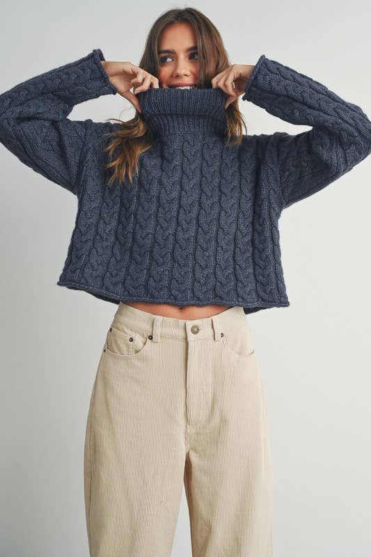 Thick Braid With Turtle Neck Long Sleeve Sweater: 3-2-1 (S-M-L) / NAVY - Storm and Sky Shoppe - Vanilla Monkey