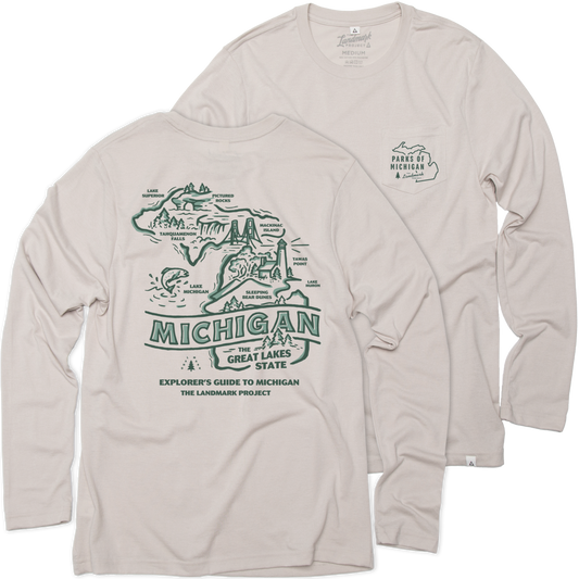 Explore Michigan Long Sleeve Pocket T-shirt - Storm and Sky Shoppe - The Landmark Project