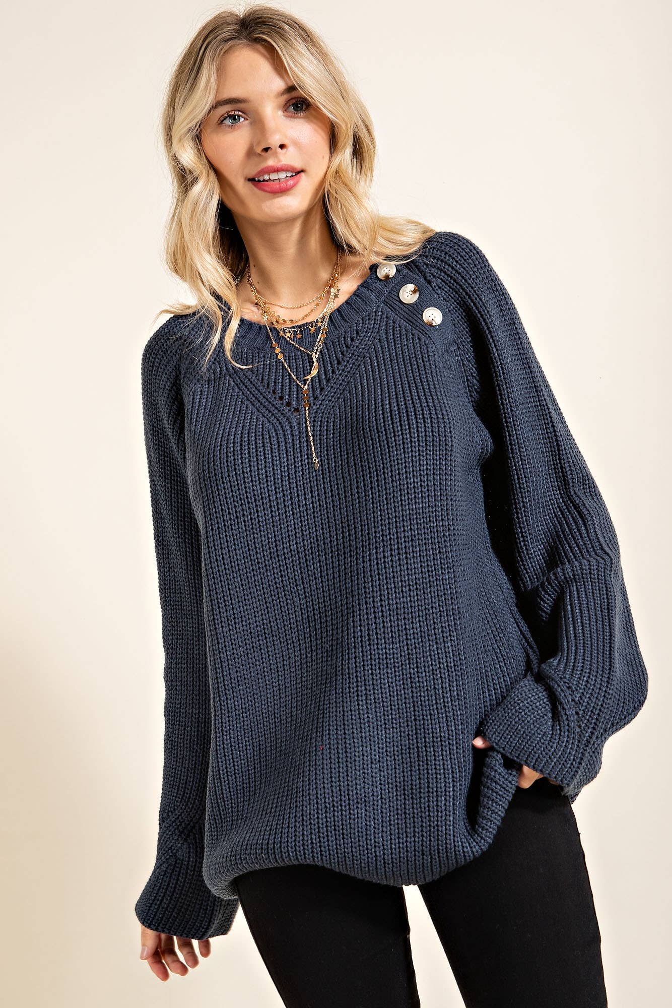 Button Detail Crewneck Sweater - Storm and Sky Shoppe