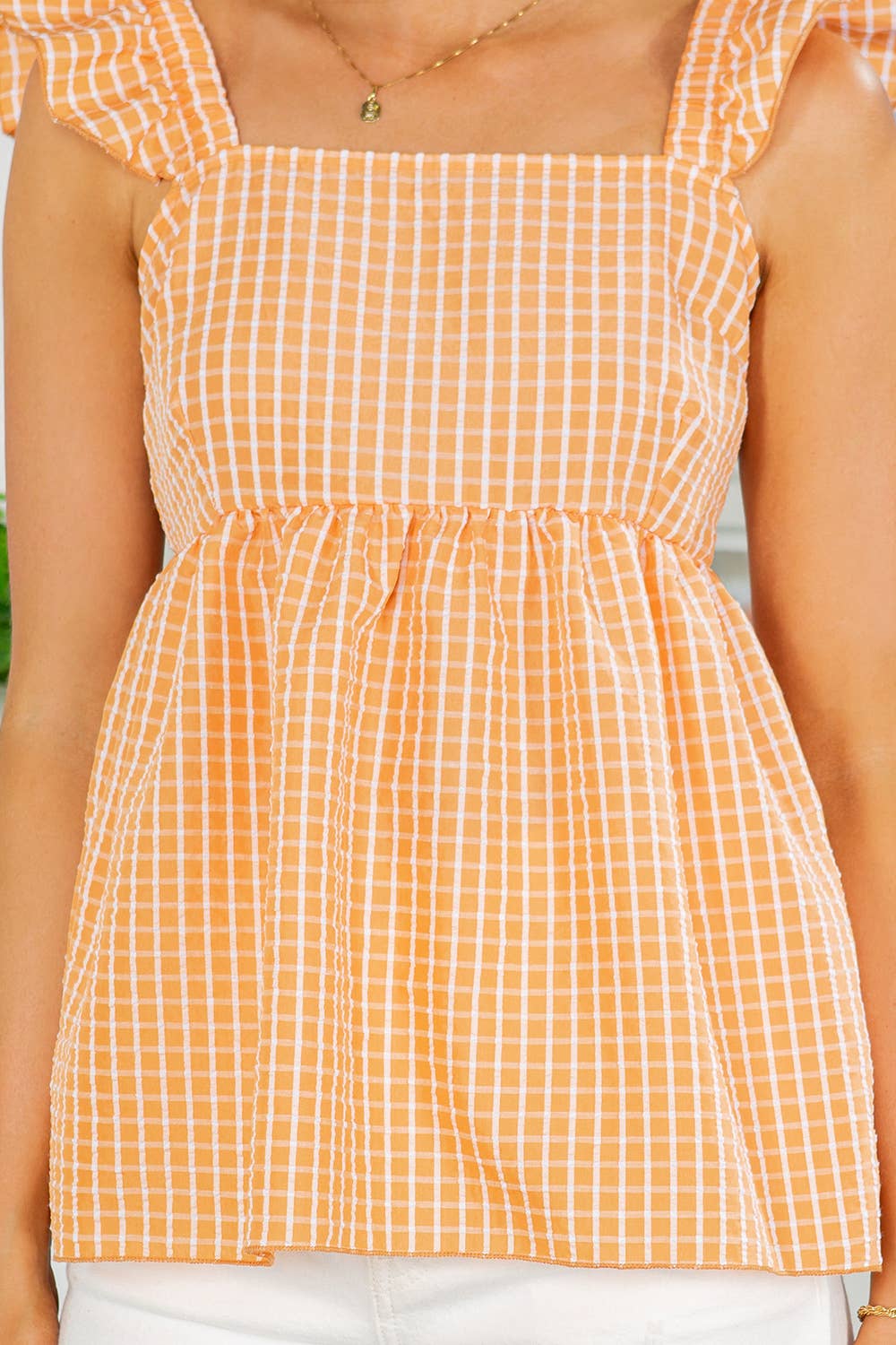 Ruffle Sleeve Tie Back Gingham Top-3 Colors - Storm and Sky Shoppe - Orange Farm Clothing